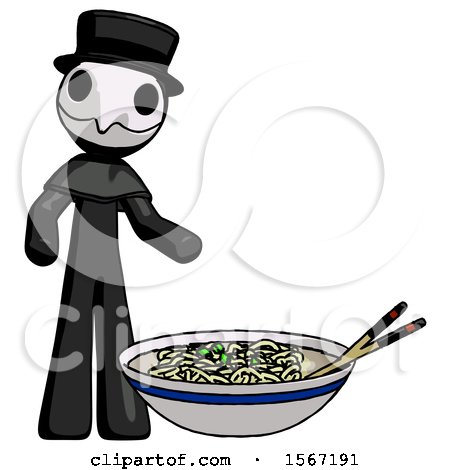 Black Plague Doctor Man and Noodle Bowl, Giant Soup Restaraunt Concept by Leo Blanchette
