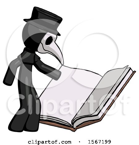 Black Plague Doctor Man Reading Big Book While Standing Beside It by Leo Blanchette