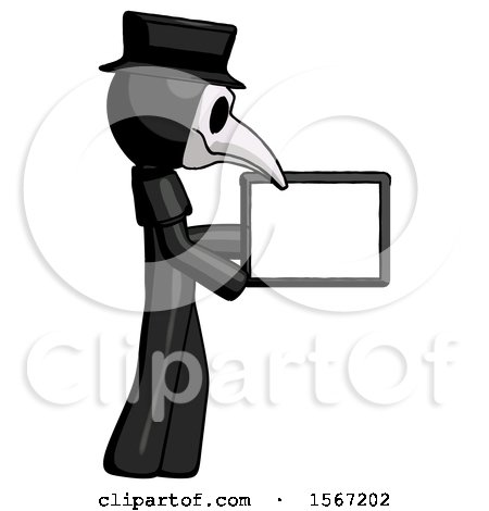 Black Plague Doctor Man Show Tablet Device Computer to Viewer, Blank Area by Leo Blanchette