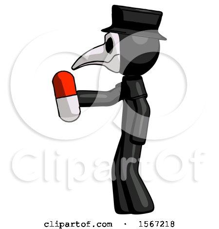 Black Plague Doctor Man Holding Red Pill Walking to Left by Leo Blanchette