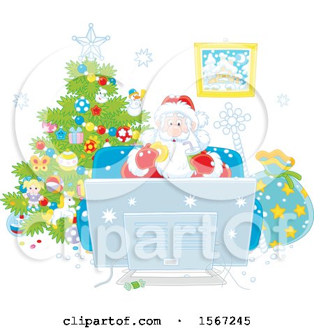 Clipart of Santa Enjoying a Snack While Watching Tv on Christmas Eve - Royalty Free Vector Illustration by Alex Bannykh