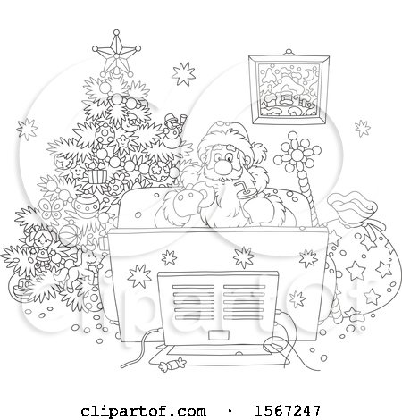Clipart of a Lineart Santa Enjoying a Snack While Watching Tv on Christmas Eve - Royalty Free Vector Illustration by Alex Bannykh