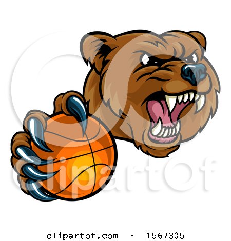 Clipart of a Mad Grizzly Bear Mascot Holding out a Football in a Clawed Paw - Royalty Free Vector Illustration by AtStockIllustration