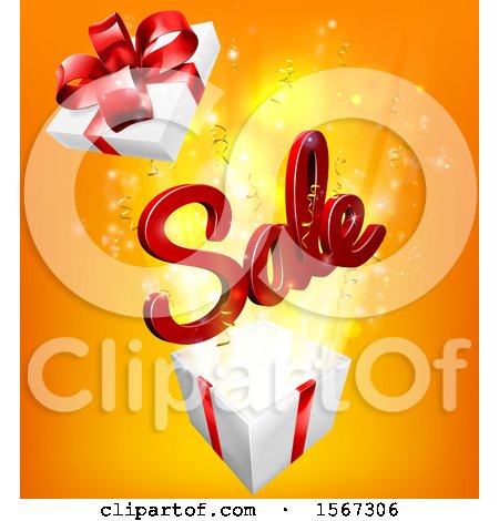 Clipart of a 3d Red Sale Sign Popping out of a Gift Box, on Orange - Royalty Free Vector Illustration by AtStockIllustration