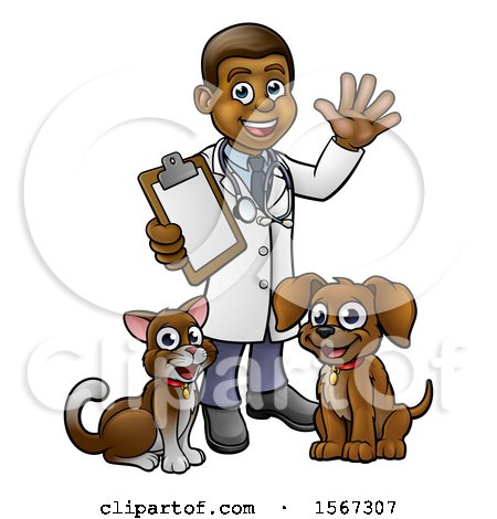 Clipart of a Black Male Veterinarian Waving and Holding a Clipboard, Standing with a Dog and Cat - Royalty Free Vector Illustration by AtStockIllustration