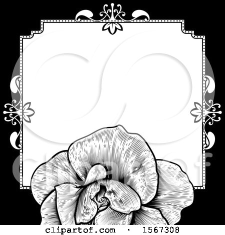 Clipart of a Black and White Border or Wedding Invitation with a Rose - Royalty Free Vector Illustration by AtStockIllustration