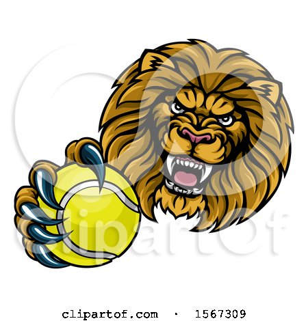 Clipart of a Tough Lion Monster Mascot Holding out a Tennis Ball in One Clawed Paw - Royalty Free Vector Illustration by AtStockIllustration