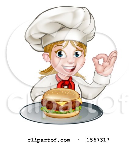 Clipart of a Happy White Female Chef Gesturing Perfect and Holding a Cheese Burger on a Tray - Royalty Free Vector Illustration by AtStockIllustration
