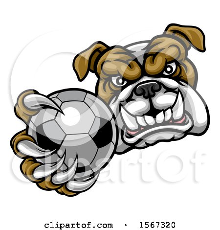 Clipart of a Tough Bulldog Monster Mascot Holding out a Soccer Ball in One Clawed Paw - Royalty Free Vector Illustration by AtStockIllustration