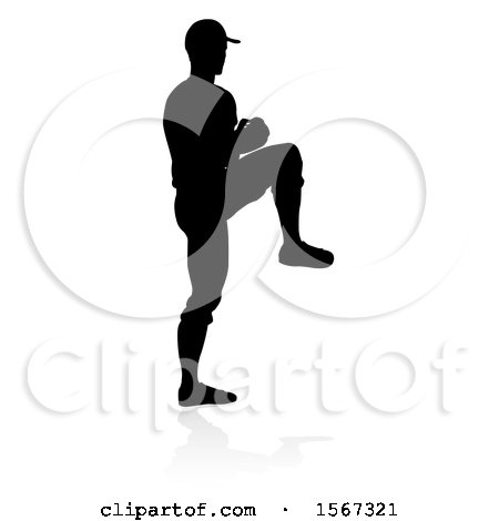 Clipart of a Black Silhouetted Baseball Player Pitching, with a Reflection on a White Background - Royalty Free Vector Illustration by AtStockIllustration