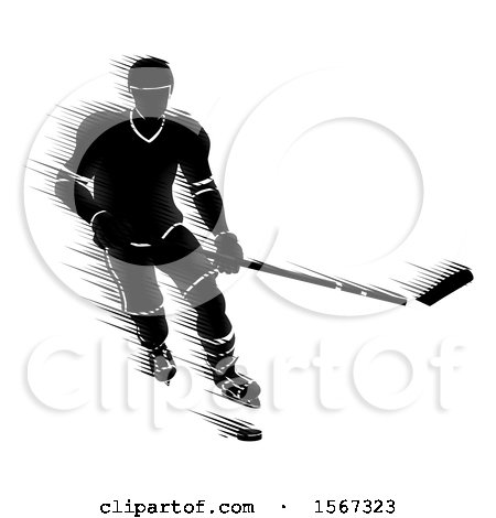 Clipart of a Motion Blur Styled Silhouetted Hockey Player in Action - Royalty Free Vector Illustration by AtStockIllustration