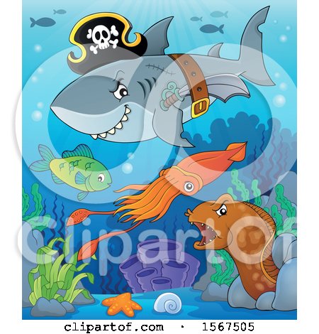 Clipart of a Pirate Shark Wearing a Hat, Belt and Sword over Other Animals - Royalty Free Vector Illustration by visekart