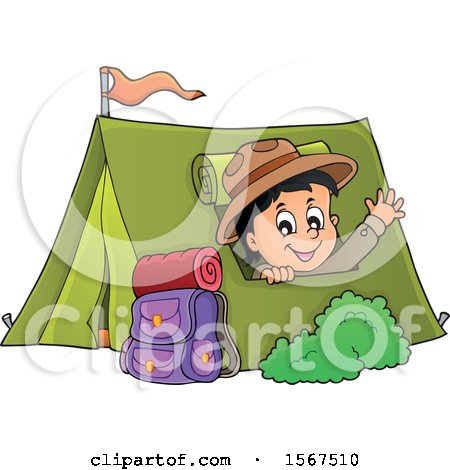 Clipart of a Scout Boy Camping and Waving from a Tent - Royalty Free Vector Illustration by visekart