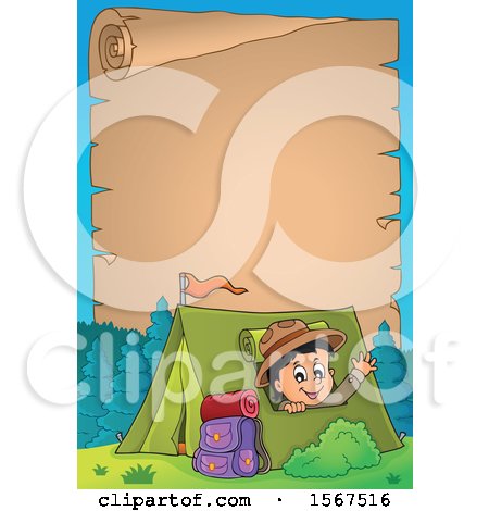 Clipart of a Parchment Scroll Border of a Scout Boy Camping and Waving from a Tent - Royalty Free Vector Illustration by visekart