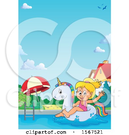 Clipart of a Girl Floating on a Unicorn Swim Toy - Royalty Free Vector Illustration by visekart