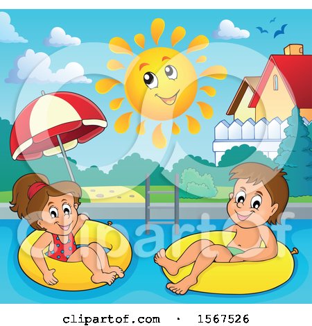 Clipart of a Boy and Girl Floating on Inner Tubes - Royalty Free Vector Illustration by visekart