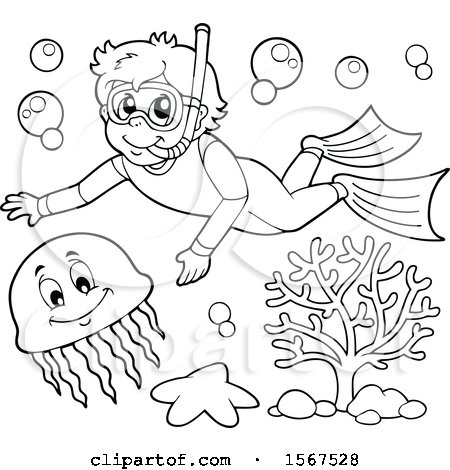 Clipart of a Lineart Boy Snorkeling with a Jellyfish - Royalty Free Vector Illustration by visekart