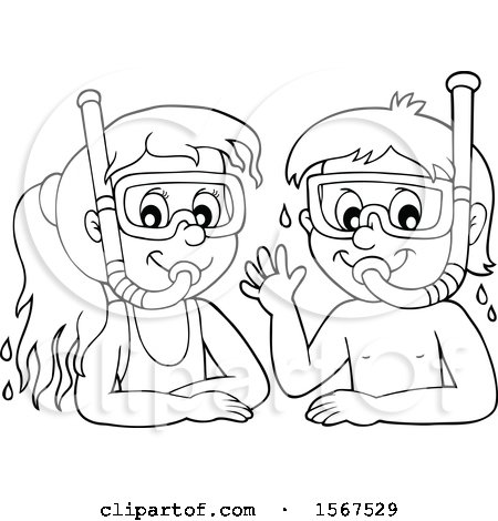 Clipart of a Lineart Boy and Girl Wearing Snorkel Masks - Royalty Free Vector Illustration by visekart