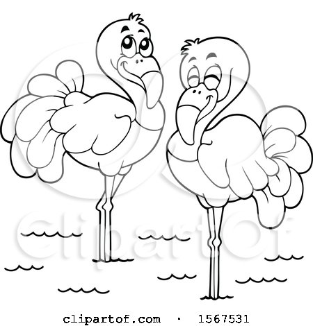 Clipart of a Lineart Flamingo Pair - Royalty Free Vector Illustration by visekart