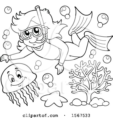 Clipart of a Lineart Girl Snorkeling with a Jellyfish - Royalty Free Vector Illustration by visekart