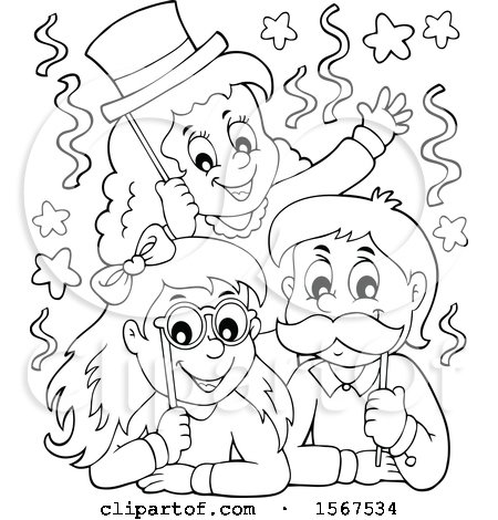 Clipart of a Lineart Group of Children with Photo Props at a Party - Royalty Free Vector Illustration by visekart