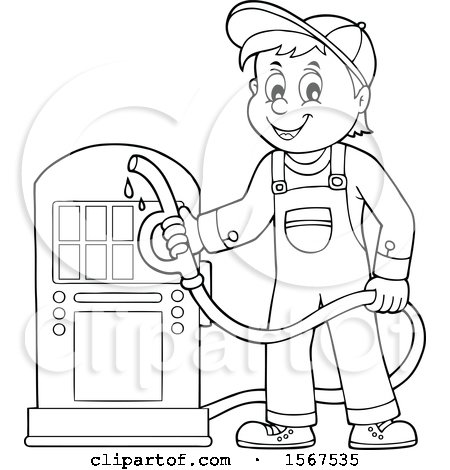 Clipart of a Lineart Gas Station Attendant Holding a Nozzle - Royalty Free Vector Illustration by visekart