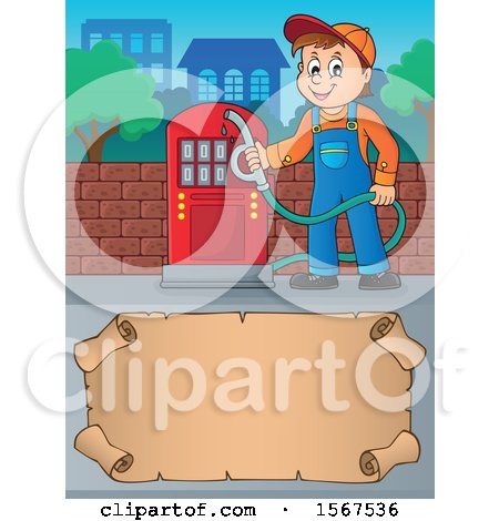 Clipart of a Gas Station Attendant Holding a Nozzle over a Blank Scroll - Royalty Free Vector Illustration by visekart