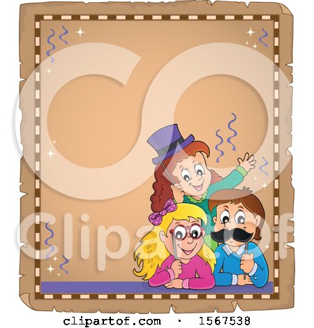 Clipart of a Parchment Border of a Group of Children with Photo Props at a Party - Royalty Free Vector Illustration by visekart