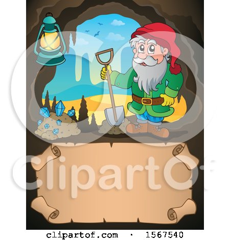 Clipart of a Miner Dwarf in a Cave, over a Scroll - Royalty Free Vector Illustration by visekart