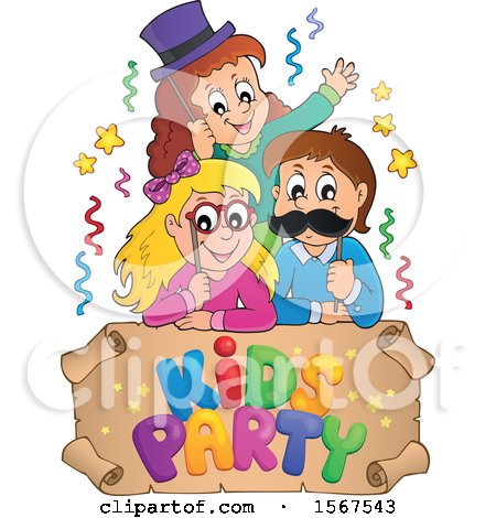 Clipart of a Group of Children with Photo Props at a Party over a Kids Party Scroll - Royalty Free Vector Illustration by visekart