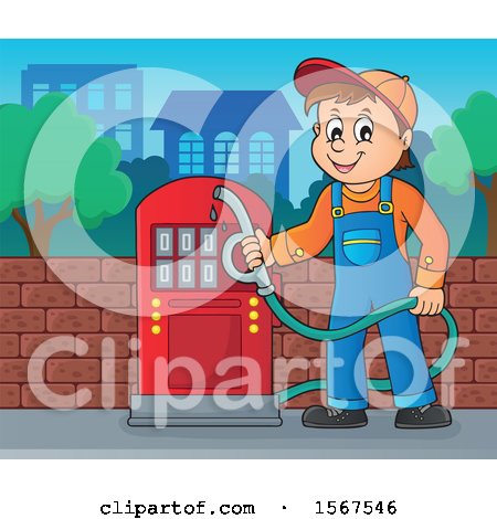 Clipart of a Gas Station Attendant Holding a Nozzle - Royalty Free Vector Illustration by visekart