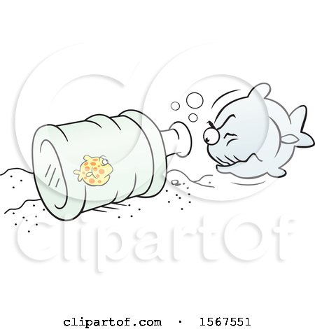 Clipart of a Little Fish Safe in a Bottle, Avoiding a Big Fish - Royalty Free Vector Illustration by Johnny Sajem