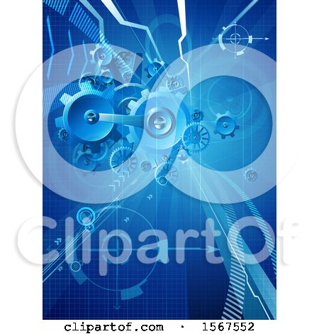Clipart of a Blue Background with 3d Gear Cog Wheels - Royalty Free Vector Illustration by AtStockIllustration