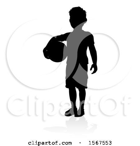 Clipart of a Silhouetted Boy Holding a Ball, with a Reflection or Shadow, on a White Background - Royalty Free Vector Illustration by AtStockIllustration