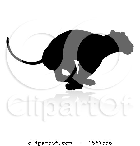 Clipart of a Silhouetted Lioness Running, with a Shadow on a White Background - Royalty Free Vector Illustration by AtStockIllustration