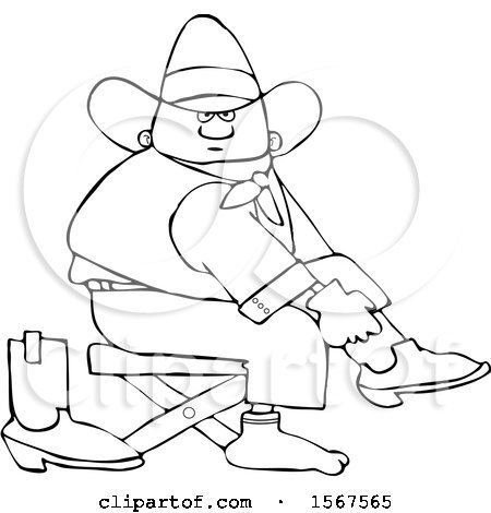 Clipart of a Cartoon Lineart Black Cowboy Putting on His Boots - Royalty Free Vector Illustration by djart