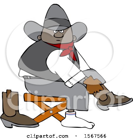 Clipart of a Cartoon Black Cowboy Putting on His Boots - Royalty Free Vector Illustration by djart