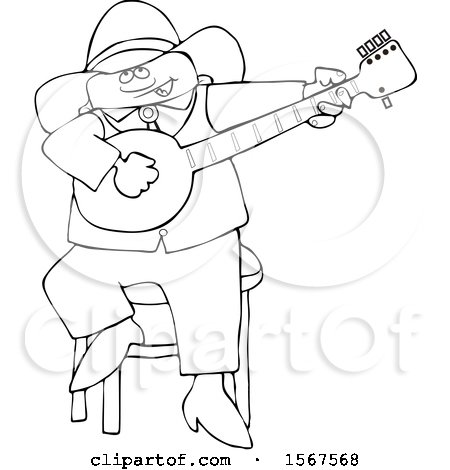 Clipart of a Cartoon Lineart Black Cowboy Playing a Banjo - Royalty Free Vector Illustration by djart