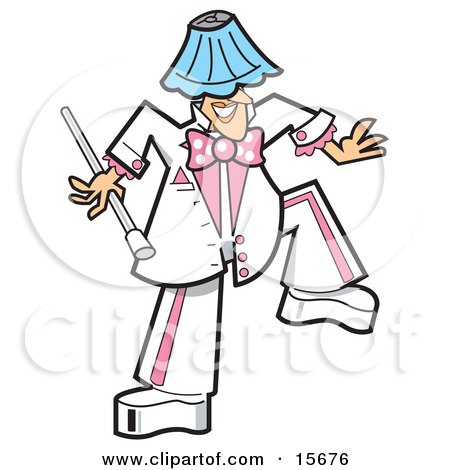 Silly Man In A White And Pink Uniform, Dancing With A Lamp Shade On His Head Clipart Illustration by Andy Nortnik