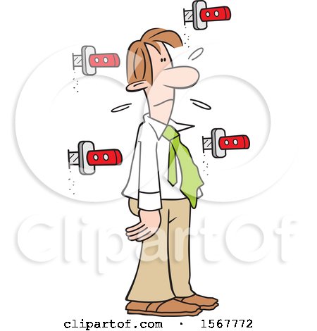 Clipart of a Day in the Life of a Man, Showing a White Guy Surrounded by Knives in the Wall - Royalty Free Vector Illustration by Johnny Sajem