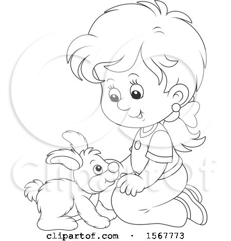 Clipart of a Lineart Girl Kneeling and Playing with Her Pet Bunny Rabbit - Royalty Free Vector Illustration by Alex Bannykh