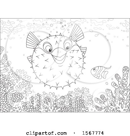 Clipart of a Lineart Blowfish and Small Fish at a Coral Reef - Royalty Free Vector Illustration by Alex Bannykh