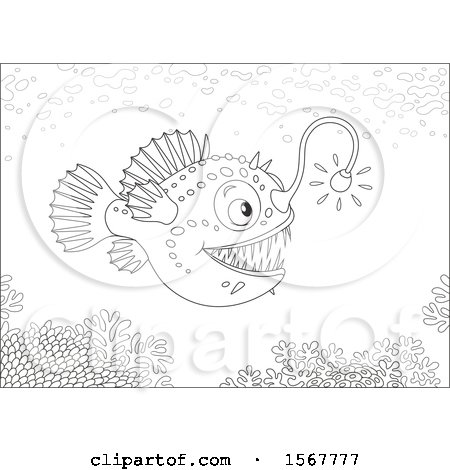 Clipart of a Lineart Swimming Anglerfish in the Ocean - Royalty Free Vector Illustration by Alex Bannykh