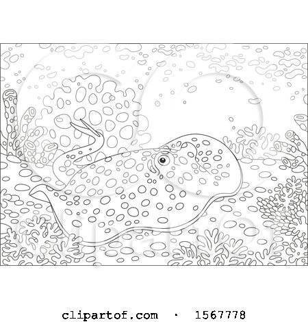 Clipart of a Lineart Blue Spotted Stingray on a Coral Reef - Royalty Free Vector Illustration by Alex Bannykh