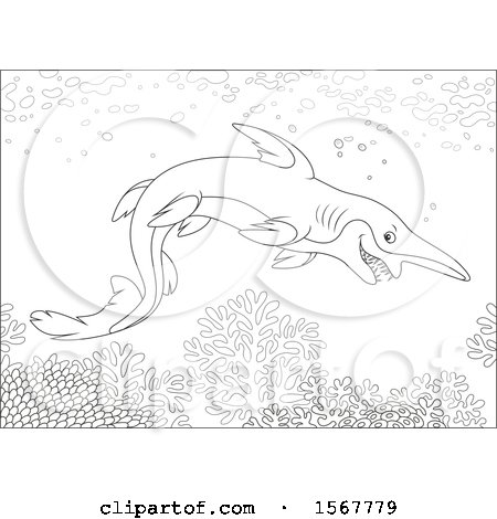Clipart of a Lineart Goblin Shark Swimming in the Ocean - Royalty Free Vector Illustration by Alex Bannykh