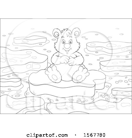 Clipart of a Lineart Polar Bear Sitting on Floating Ice - Royalty Free Vector Illustration by Alex Bannykh