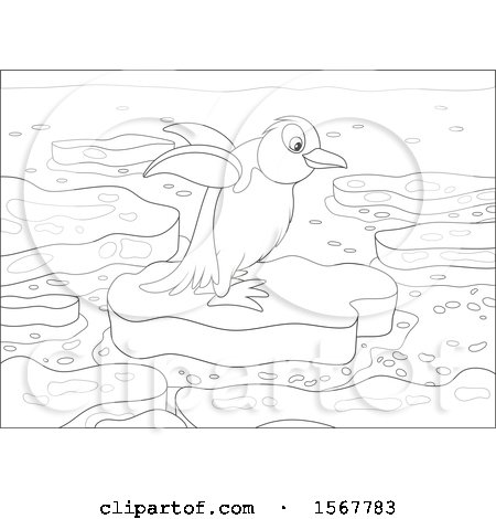 Clipart of a Lineart Penguin on an Ice Floe - Royalty Free Vector Illustration by Alex Bannykh