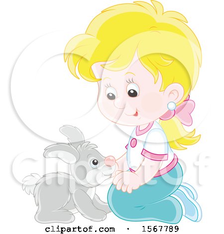Clipart of a Blond Caucasian Girl Kneeling and Playing with Her Pet Bunny Rabbit - Royalty Free Vector Illustration by Alex Bannykh