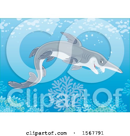 Clipart of a Goblin Shark Swimming in the Ocean - Royalty Free Vector Illustration by Alex Bannykh