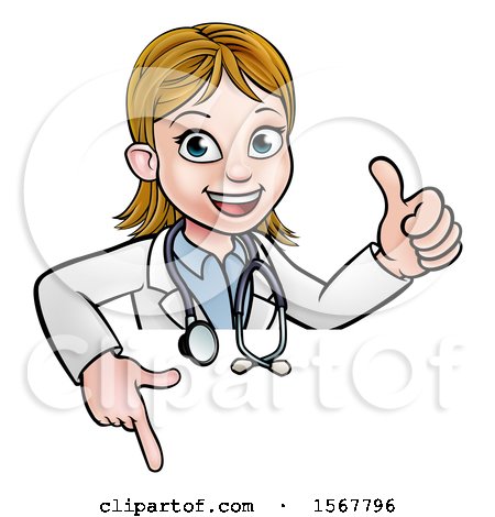 Clipart of a Cartoon Friendly White Female Doctor Holding a Thumb up and Pointing down over a Sign - Royalty Free Vector Illustration by AtStockIllustration